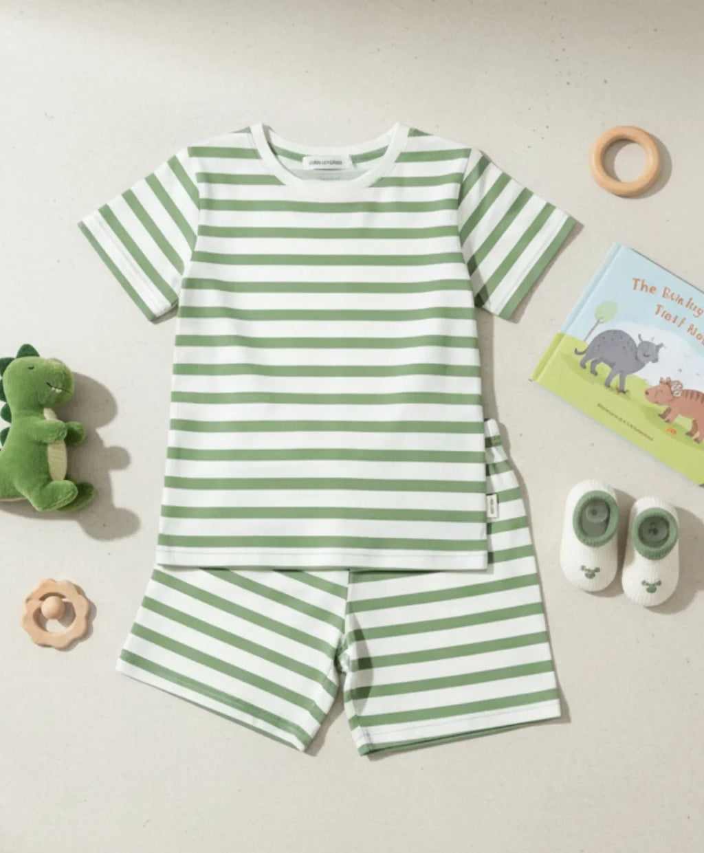 GREEN WHITE STRIPE GIRLS SLEEPWEAR SHORT SET - GREEN/WHITE