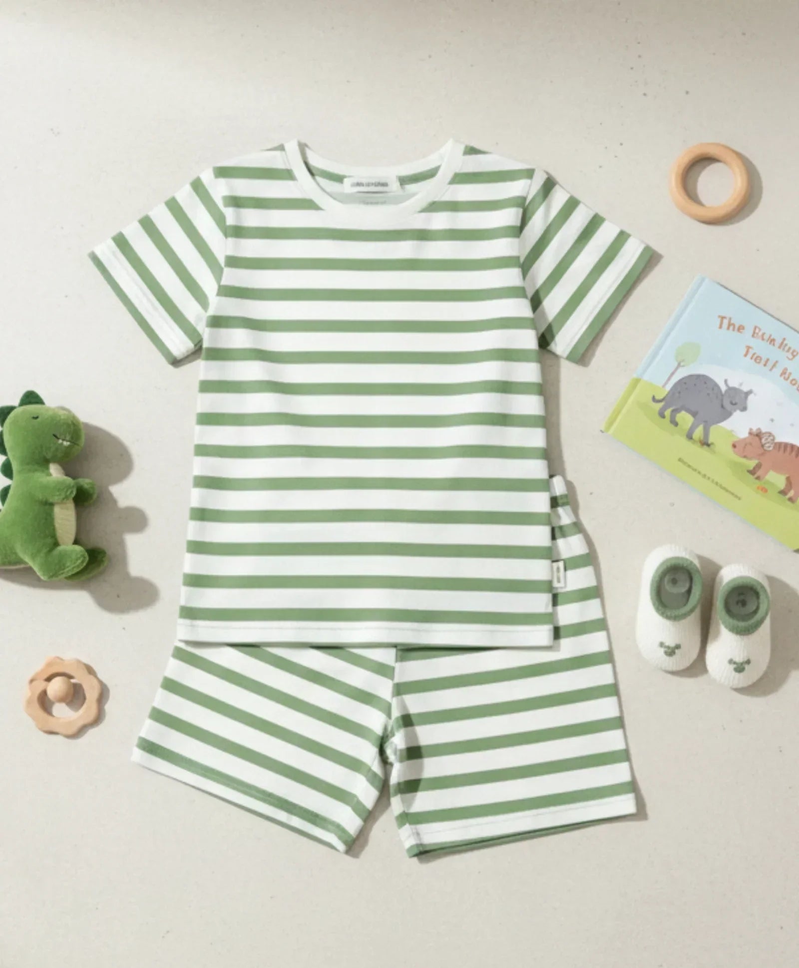 GREEN WHITE STRIPE GIRLS SLEEPWEAR SHORT SET - GREEN/WHITE