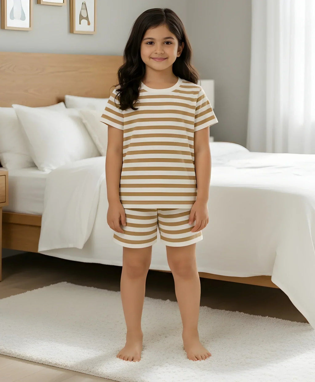 BEIGE WHITE STRIPE GIRLS SLEEPWEAR SHORT SET - BEIGE/WHITE