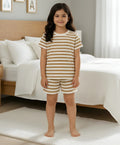 BEIGE WHITE STRIPE GIRLS SLEEPWEAR SHORT SET - BEIGE/WHITE