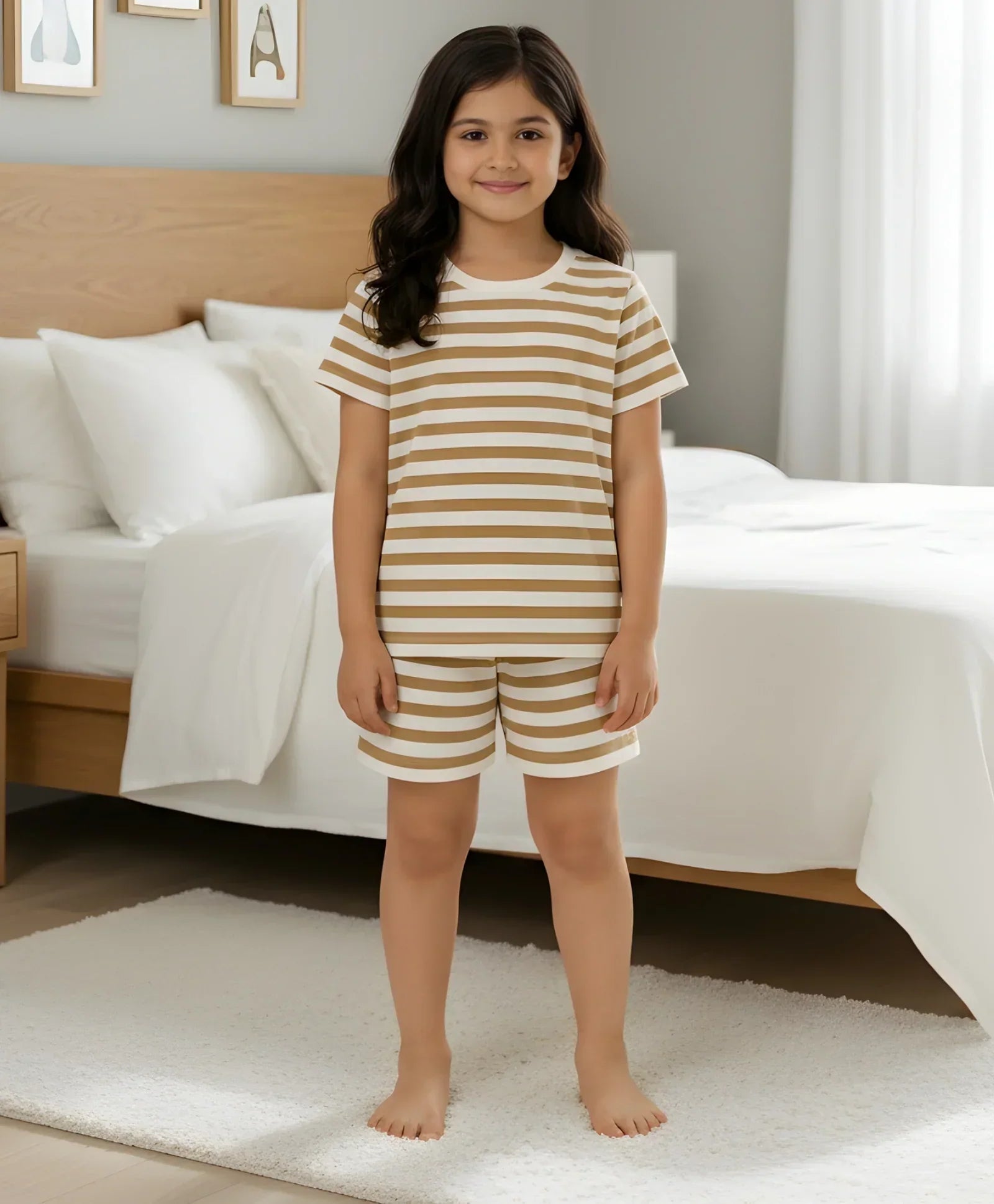 BEIGE WHITE STRIPE GIRLS SLEEPWEAR SHORT SET - BEIGE/WHITE
