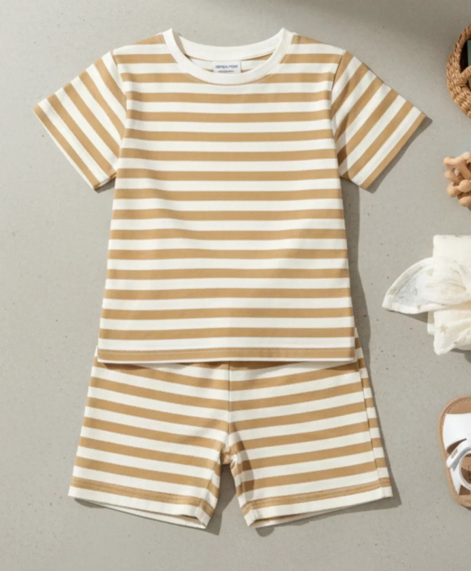 BEIGE WHITE STRIPE GIRLS SLEEPWEAR SHORT SET - BEIGE/WHITE