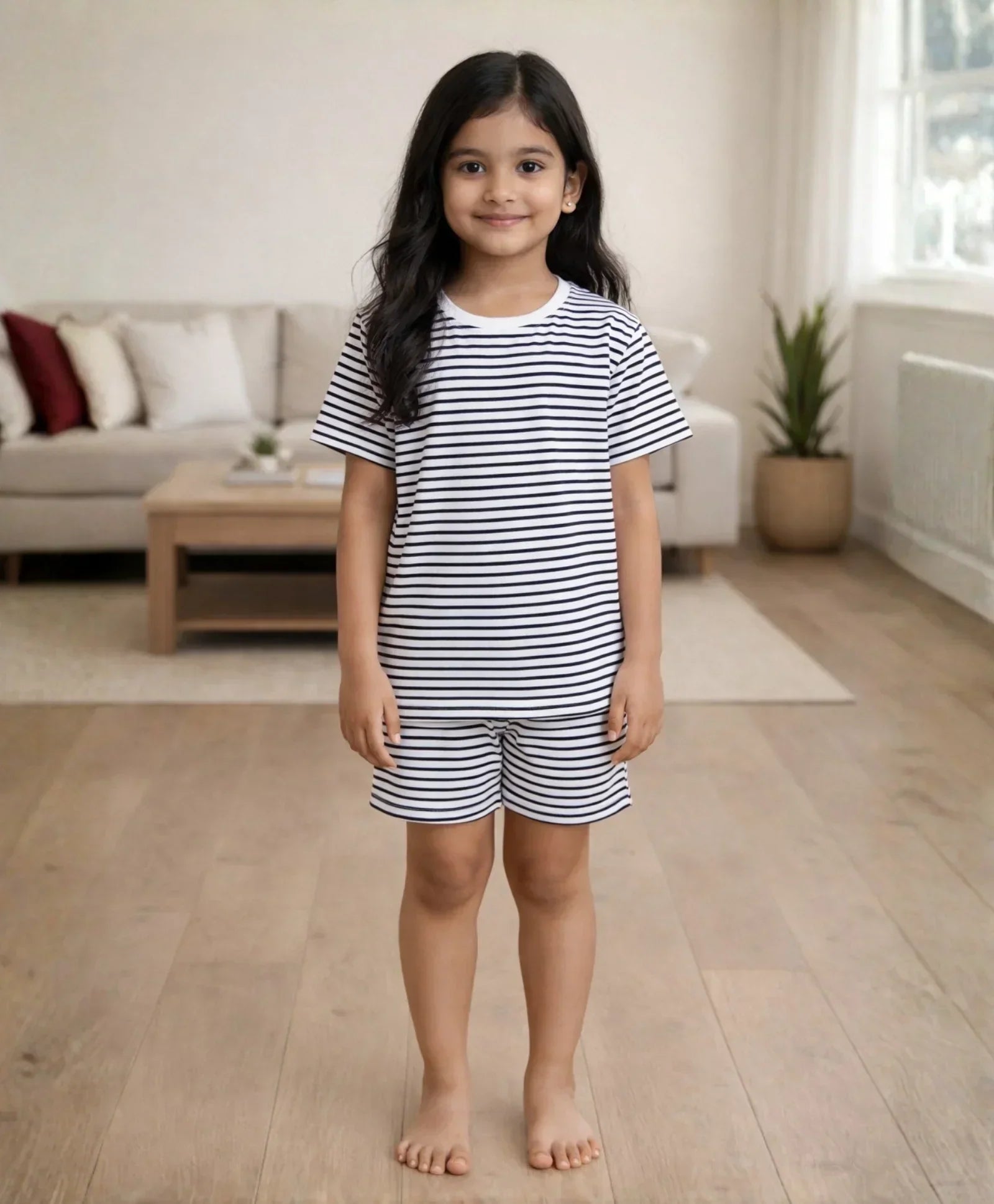 BLACK WHITE STRIPE GIRLS SLEEPWEAR SHORT SET - BLACK/WHITE