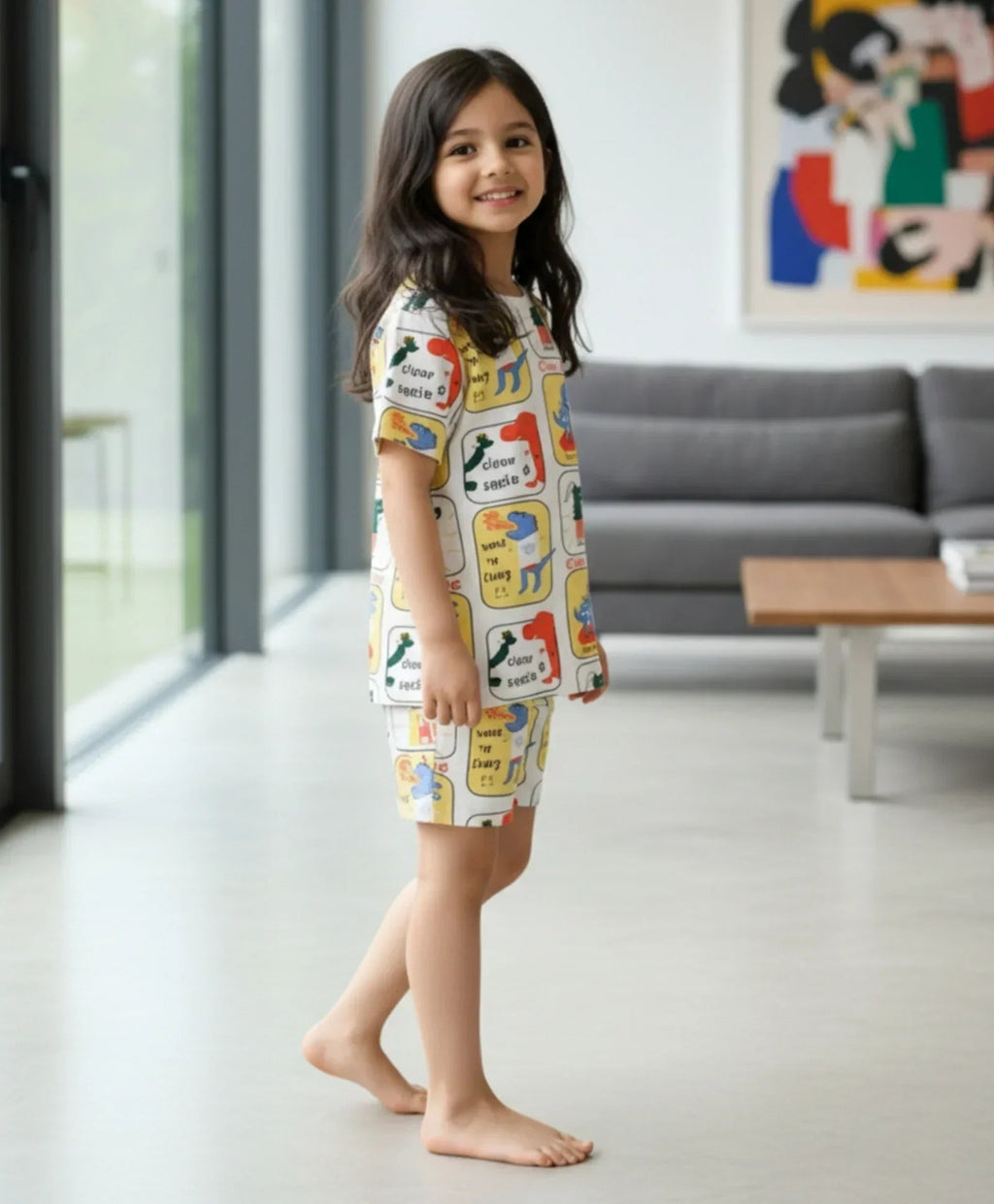 DINOSAUR STAMP GIRLS SLEEPWEAR SHORT SET - WHITE
