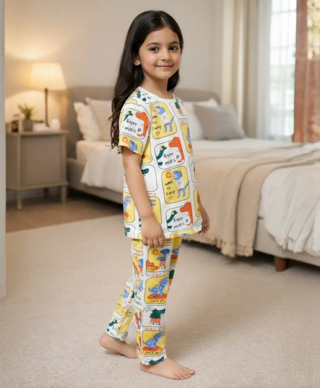 DINOSAUR STAMP GIRLS SHORT SLEEVE PYJAMA SET - YELLOW