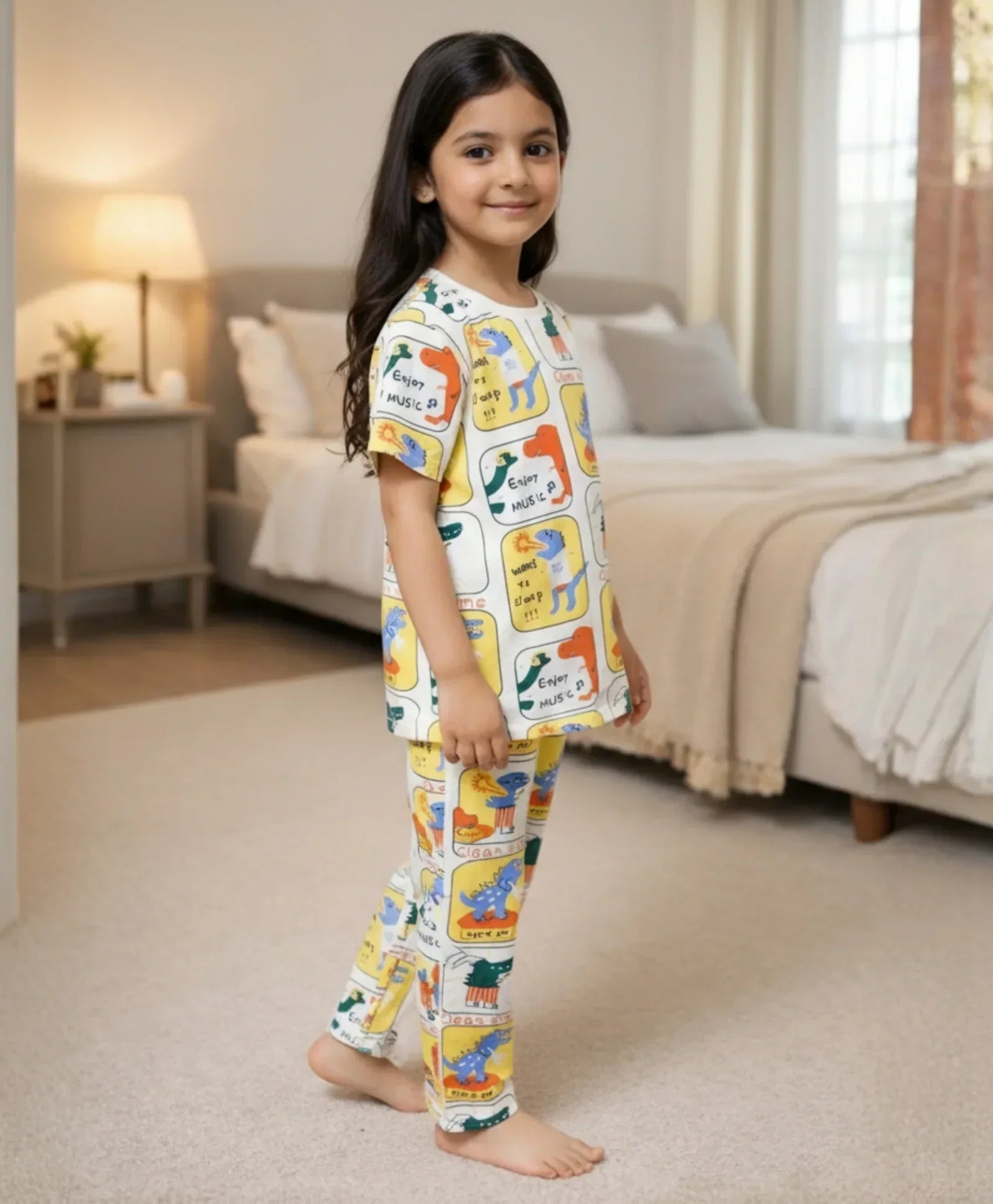 DINOSAUR STAMP GIRLS SHORT SLEEVE PYJAMA SET - YELLOW